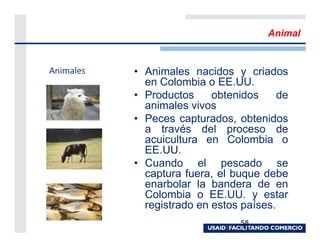 Animal


Animales   • Animales nacidos y criados
             en Colombia o EE.UU.
           • Productos     obtenidos     de
             animales vivos
           • Peces capturados, obtenidos
             a través del proceso de
             acuicultura en Colombia o
             EE.UU.
           • Cuando el pescado se
             captura fuera, el buque debe
             enarbolar la bandera de en
             Colombia o EE.UU. y estar
             registrado en estos países.
                                 58
 