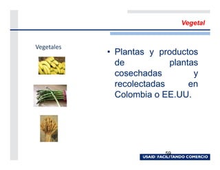 Vegetal


Vegetales
            • Plantas y productos
              de           plantas
              cosechadas         y
              recolectadas      en
              Colombia o EE.UU.




                          59
 