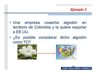 Ejemplo 2


• Una empresa cosecha algodón en
  territorio de Colombia y la quiere exportar
  a EE.UU.
• ¿Es posible considerar dicho algodón
  como TO?




                                    66
 