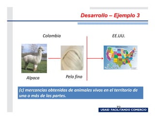 Desarrollo – Ejemplo 3


            Colombia                            EE.UU.




   Alpaca               Pelo fino

(c) mercancías obtenidas de animales vivos en el territorio de
una o más de las partes.

                                                  72
 