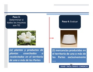 Paso 3:
  Determinar si
todos los insumos                         Paso 4: Evaluar
     son TO




  (a) plantas y productos de      (l) mercancías producidas en
  plantas    cosechados       o   el territorio de una o más de
  recolectados en el territorio   las Partes exclusivamente
  de una o más de las Partes      …..
                                                 78
 