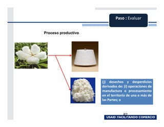 Paso : Evaluar


Proceso productivo




                     (j) desechos y desperdicios
                     derivados de: (i) operaciones de
                     manufactura o procesamiento
                     en el territorio de una o más de
                     las Partes; o


                                  82
 