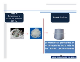 Paso 3:
  Determinar si
                            Paso 4: Evaluar
todos los insumos
     son TO




                    (l) mercancías producidas en
                    el territorio de una o más de
                    las Partes exclusivamente
                    …..
                                   85
 