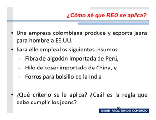 ¿Cómo sé que REO se aplica?


• Una empresa colombiana produce y exporta jeans
  para hombre a EE.UU.
• Para ello emplea los siguientes insumos:
   - Fibra de algodón importada de Perú,
   - Hilo de coser importado de China, y
   - Forros para bolsillo de la India

• ¿Qué criterio se le aplica? ¿Cuál es la regla que
  debe cumplir los jeans?
                                       95
 