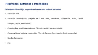 Regímenes: Extremos e Intermedios
Del sistema libre al fijo, se pueden observar una serie de variantes:
• Flotación libre.
• Flotación administrada (Impera en Chile, Perú, Colombia, Guatemala, Brasil, Unión
Europea, Japón, entre otros).
• Crawling Peg -minidevaluaciones- (Tipo de cambio pre-anunciado).
• Currency Board -caja de conversión- (Tipo de Cambio fijo respecto de otra moneda).
• Bandas Cambiarias
• Fijo
 