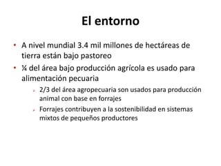 El entorno
• A nivel mundial 3.4 mil millones de hectáreas de
tierra están bajo pastoreo
• ¼ del área bajo producción agrícola es usado para
alimentación pecuaria
 2/3 del área agropecuaria son usados para producción
animal con base en forrajes
 Forrajes contribuyen a la sostenibilidad en sistemas
mixtos de pequeños productores
 