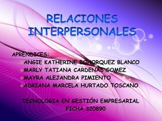 APRENDICES:
  ANGIE KATHERINE BOHORQUEZ BLANCO
  MARLY TATIANA CARDENAS GOMEZ
  MAYRA ALEJANDRA PIMIENTO
  ADRIANA MARCELA HURTADO TOSCANO


  TECNOLOGIA EN GESTIÓN EMPRESARIAL
              FICHA 320890
 