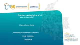 Paso 3- relato digital
Practica pedagógica N° 4
Liliana Sulbaran Molina
Universidad nacional abierta y a distancia
UNAD COLOMBIA
23/04/2022
 