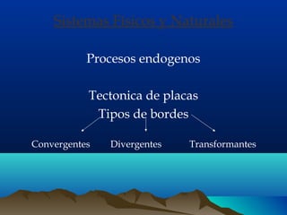 Sistemas Físicos y Naturales
Procesos endogenos
Tectonica de placas
Tipos de bordes
Convergentes Divergentes Transformantes
 