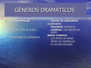 GÉNEROS DRAMÁTICOS  <ul><li>TEATRO POPULAR </li></ul><ul><li>PASOS DE LOPE DE RUEDA  </li></ul><ul><li>ENTREMESES DE CERVA...