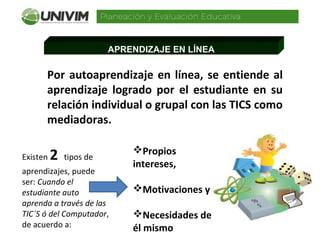 APRENDIZAJE EN LÍNEA
Existen 2 tipos de
aprendizajes, puede
ser: Cuando el
estudiante auto
aprenda a través de las
TIC´S ó del Computador,
de acuerdo a:
Propios
intereses,
Motivaciones y
Necesidades de
él mismo
Por autoaprendizaje en línea, se entiende al
aprendizaje logrado por el estudiante en su
relación individual o grupal con las TICS como
mediadoras.
 