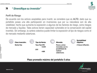 Carteras Colectivas                                                                 Renta Total



                      “ Diversifique su inversión”                                                                     Renta Total




          Perfil de Riesgo
          De acuerdo con los activos aceptables para invertir, se considera que es ALTO, dado que su
          portafolio posee una alta participación en inversiones que por su naturaleza son de alta
          volatilidad, hecho que aumenta la exposición a algunos de los factores de riesgo, como riesgos
          de mercado y liquidez. Tales activos tienen capacidad vulnerable en la conservación del capital
          invertido. Sin embargo, la cartera colectiva puede limitar la exposición al tipo de riesgos como el
          de mercado mediante coberturas.

                                                                                                  Rentabilidad
                        Clase Inversión:           Tipo de Renta:      Moneda:                    Objetivo:
                        Renta Fija                 Tasa Fija•IPC       Pesos y otras              2 Veces Inflación.
                                                            •UVR       monedas con la
                                                   DTF                 posibilidad de
                                                           •IBR        realizar
                                                                       coberturas.



                                           Plazo promedio máximo del portafolio 5 años
 