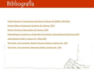 Bibliografía

Andrés Giovanini. Cuarenta años del placer de dibuja. Ed.UNAM, CAM-SAM.

Andrew Wilson. Proyectos de Jardines. Ed. Gamma. 2004

Antonio Terranova. Rascacielos. Ed. Numen. 2003

Felisa Minguet. Arquitectura y Desarrollo de Proyectos. Instituto Mosa de Ediciones.2005

Jorge Iglesias Guillard. Croquis. Ed. Trillas.2005

Tom Porter / Sue Goodman. Diseño Técnicas Gráficas. Gustavo Gili. 1992

Tom Porter / Sue Goodman. Manual de Diseño. Gustavo Gili. 1992
 
