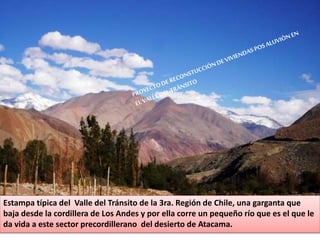 Estampa típica del Valle del Tránsito de la 3ra. Región de Chile, una garganta que
baja desde la cordillera de Los Andes y por ella corre un pequeño río que es el que le
da vida a este sector precordillerano del desierto de Atacama.
 