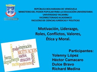 Participantes:
Yolenny López
Héctor Camacaro
Dulce Bravo
Richard Medina
Motivación, Liderazgo,
Roles, Conflictos, Valores,
Ética y Moral.
 