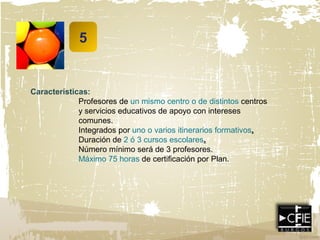 5
Características:
Profesores de un mismo centro o de distintos centros
y servicios educativos de apoyo con intereses
comunes.
Integrados por uno o varios itinerarios formativos.
Duración de 2 ó 3 cursos escolares.
Número mínimo será de 3 profesores.
Máximo 75 horas de certificación por Plan.
 