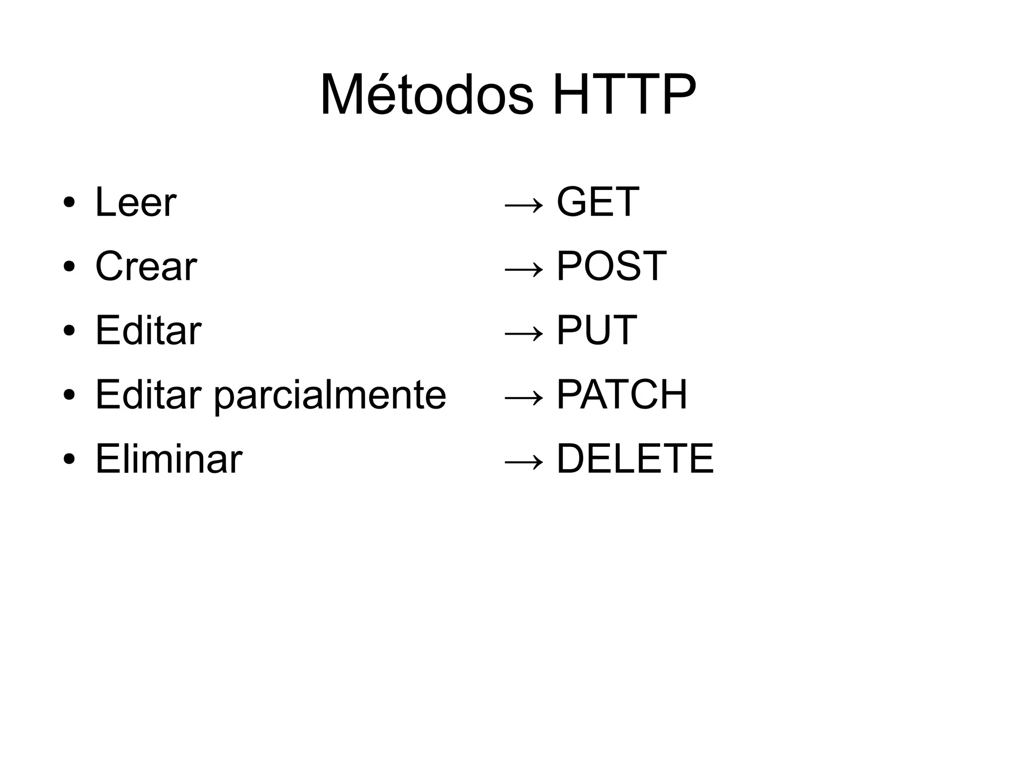 Métodos HTTP
●   Leer                  → GET
●   Crear                 → POST
●   Editar                → PUT
●   Editar parcialmente   → PATCH
●   Eliminar              → DELETE
 
