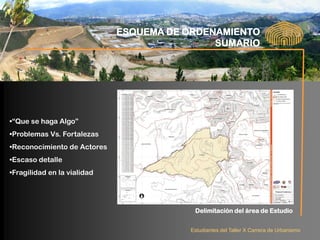ESQUEMA DE ORDENAMIENTO
                                             SUMARIO




•“Que se haga Algo”
•Problemas Vs. Fortalezas
•Reconocimiento de Actores
•Escaso detalle
•Fragilidad en la vialidad




                                         Delimitación del área de Estudio


                                        Estudiantes del Taller X Carrera de Urbanismo
 