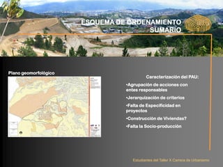 ESQUEMA DE ORDENAMIENTO
                                       SUMARIO




Plano geomorfológico
                                           Caracterización del PAU:
                                 •Agrupación de acciones con
                                 entes responsables
                                 •Jerarquización de criterios
                                 •Falta de Especificidad en
                                 proyectos
                                 •Construcción de Viviendas?
                                 •Falta la Socio-producción




                                    Estudiantes del Taller X Carrera de Urbanismo
 