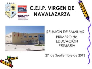 C.E.I.P. VIRGEN DE
NAVALAZARZA
REUNIÓN DE FAMILIAS
PRIMERO de
EDUCACIÓN
PRIMARIA
27 de Septiembre de 2013
 