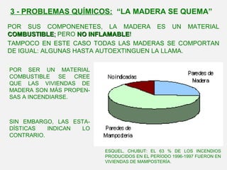 POR SUS COMPONENETES, LA MADERA ES UN MATERIAL
COMBUSTIBLECOMBUSTIBLE;; PERO NO INFLAMABLENO INFLAMABLE!
TAMPOCO EN ESTE CASO TODAS LAS MADERAS SE COMPORTAN
DE IGUAL: ALGUNAS HASTA AUTOEXTINGUEN LA LLAMA.
POR SER UN MATERIAL
COMBUSTIBLE SE CREE
QUE LAS VIVIENDAS DE
MADERA SON MÁS PROPEN-
SAS A INCENDIARSE.
SIN EMBARGO, LAS ESTA-
DÍSTICAS INDICAN LO
CONTRARIO.
3 - PROBLEMAS QUÍMICOS: “LA MADERA SE QUEMA”
ESQUEL, CHUBUT: EL 63 % DE LOS INCENDIOS
PRODUCIDOS EN EL PERÍODO 1996-1997 FUERON EN
VIVIENDAS DE MAMPOSTERÍA.
 