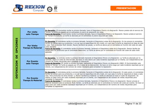 calidad@rexion.es Página 11 de 33
PRESENTACION
Por visita
solo Tiempo
En Garantía : El contratista recibe la primera llamada, hace el Diagnóstico Previo a la Asignación. Rexion presta solo el servicio de
Tiempo. La tarifa es pagada por el contratista al precio de asignación de visita.
Fuera de Garantía: El contratista recibe la primera llamada, hace el Diagnóstico Previo a la Asignación. Rexion presta el servicio
de Tiempo al producto. La tarifa es abonada por el contratista al precio asignado por visita.
Por Visita
Tiempo & Material
En Garantía: El contratista recibe la primera llamada, haciendo el Diagnóstico antes de la Asignación. En los precios el contratista
facilita las piezas para sus productos, a no ser que se especifique de otro modo, en cuyo caso la tarifa se negociará en base de caso
a caso. Para productos Multi Vendor, Rexion facilitará las piezas. La tarifa se abona por el contratista en función del coste de cada
visita atendida.
Fuera de Garantía: El contratista recibe la primera llamada, haciendo el Diagnóstico antes de la Asignación. Rexion facilita las
piezas para los productos que el contratista determine. La Tarifa se abona por el contratista en función del coste de cada visita
atendida.
Por Evento
solo Tiempo
En Garantía: La contrata recibe la primera llamada haciendo el Diagnóstico Previo a la Asignación. La Tarifa es abonada por la
contrata, según el coste de intervención. Se hace un solo abono por cada incidente reportado por el Cliente, con independencia del
número de visitas requeridas para completar la reparación.
Fuera de Garantía: HP recibe la primera llamada, realizando el Diagnóstico Previo a la Asignación (DBD). El Suministrador solo
facilita el Tiempo. La Tarifa es pagada por HP al coste de la intervención. Se hace un único pago por cada incidente reportado por el
Cliente, con independencia del número de visitas necesario para completar la reparación.
DEFINICIONDEOPCIONES
Por Evento
Tiempo & Material
En Garantía: El contratista recibe la primera llamada, haciendo el Diagnóstico antes de la Asignación. En este precio, el contratista
facilita las piezas para sus productos, a no ser que se especifique de otro modo, en cuyo caso la tarifa se negociará en base a cada
caso. Para productos de otros Vendor´s, Rexion facilitará el material. La Tarifa se abonará en base al coste de asignación. Se
realiza un pago único por cada incidente reportado por el Cliente, con independencia del número de visitas requeridas para
completar la reparación.
Fuera de Garantía: El contratista recibe la primera llamada, haciendo el Diagnóstico Previo a la Asignación. Rexion provee el
Material necesario para el producto Multi Vendor. La tarifa es abonada por el contratista en función del coste por evento. Se hace un
pago único por cada incidente individual reportado por el Cliente, con independencia del número de visitas requeridas para
completar la reparación.
 