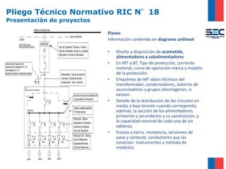 Pliego Técnico Normativo RIC N°18
Presentación de proyectos
Planos
Información contenida en diagrama unilineal
• Diseño y disposición de acometida,
alimentadores y subalimentadores
• En MT o BT, Tipo de protección, corriente
nominal, curva de operación marca y modelo
de la protección.
• Empalmes de MT datos técnicos del
transformador, condensadores, baterías de
acumuladores y grupos electrógenos, si
existen.
• Detalle de la distribución de los circuitos en
media y baja tensión cuando corresponda,
además, la sección de los alimentadores
primarios y secundarios y su canalización, y
la capacidad nominal de cada uno de los
tableros.
• Puesta a tierra, resistencia, tensiones de
paso y contacto, conductores que las
conectan. Instrumentos y método de
medición.
 