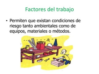 Factores del trabajo
• Permiten que existan condiciones de
  riesgo tanto ambientales como de
  equipos, materiales o métodos.
 