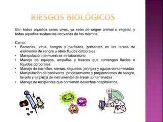 Son todos aquellos seres vivos, ya sean de origen animal o vegetal, y
todas aquellas sustancias derivadas de los mismos.
Como:
• Bacterias, virus, hongos y parásitos, presentes en las tareas de
exámenes de sangre u otros fluidos corporales
• Manipulación de muestras de laboratorio
• Manejo de equipos, ampollas y frascos que contengan fluidos o
líquidos corporales
• Manejo de cuchillos, sierras, seguetas, jeringas y agujas contaminadas
• Manipulación de cadáveres, procesamiento y preparaciones de sangre,
lavado y limpieza de instrumental de áreas contaminadas
• Manejo de recipientes que contienen desechos hospitalarios.
 