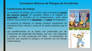 Conceptos Básicos de Riesgos de Accidentes
Condiciones de trabajo.
La condición de trabajo, por lo tanto, está vinculada al estado
del entorno laboral. El concepto refiere a la calidad, la
seguridad y la limpieza de la infraestructura, entre otros
factores que inciden en el bienestar y la salud del trabajador.
La persona al efectuar un trabajo produce variaciones de
naturaleza física, mental y social en el medio ambiente que lo
rodea.
Las modificaciones en el medio son producidas por las
condiciones de desarrollo del trabajo, que son , las maquinas
o equipos, el ruido producido por ellas , la iluminación, la
atención que requiere el trabajo y la relación con los demás
colaboradores.
 