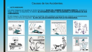 Causas de los Accidentes.
 ACTO INSEGURO
Los actos inseguros son aquellos en donde interviene la MANO DEL HOMBRE DE MANERA DIRECTA, poniendo en
riesgo, el equipo, la maquinaria, el material, SU INTEGRIDAD FÍSICA Y EN OCASIONES LA INTEGRIDAD DE SUS
COMPAÑEROS.
El acto inseguro, con frecuencia precipita el accidente, este constituye normalmente una violación a un procedimiento
seguro o a una norma de seguridad. EL 94% DE LOS ACCIDENTES SON POR ACTOS INSEGUROS.
 