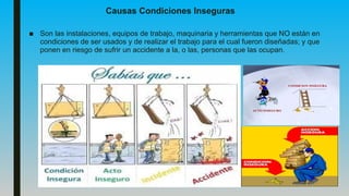 Causas Condiciones Inseguras
■ Son las instalaciones, equipos de trabajo, maquinaria y herramientas que NO están en
condiciones de ser usados y de realizar el trabajo para el cual fueron diseñadas; y que
ponen en riesgo de sufrir un accidente a la, o las, personas que las ocupan.
 