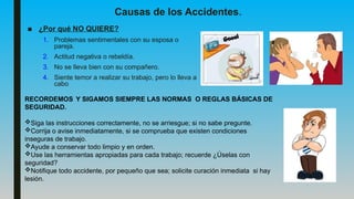 Causas de los Accidentes.
■ ¿Por qué NO QUIERE?
1. Problemas sentimentales con su esposa o
pareja.
2. Actitud negativa o rebeldía.
3. No se lleva bien con su compañero.
4. Siente temor a realizar su trabajo, pero lo lleva a
cabo
RECORDEMOS Y SIGAMOS SIEMPRE LAS NORMAS O REGLAS BÁSICAS DE
SEGURIDAD.
Siga las instrucciones correctamente, no se arriesgue; si no sabe pregunte.
Corrija o avise inmediatamente, si se comprueba que existen condiciones
inseguras de trabajo.
Ayude a conservar todo limpio y en orden.
Use las herramientas apropiadas para cada trabajo; recuerde ¿Úselas con
seguridad?
Notifique todo accidente, por pequeño que sea; solicite curación inmediata si hay
lesión.
 