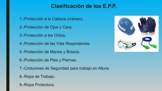 Clasificación de los E.P.P.
1.-Protección a la Cabeza (cráneo).
2.-Protección de Ojos y Cara.
3.-Protección a los Oídos.
4.-Protección de las Vías Respiratorias.
5.-Protección de Manos y Brazos.
6.-Protección de Pies y Piernas.
7.-Cinturones de Seguridad para trabajo en Altura.
8.-Ropa de Trabajo.
9.-Ropa Protectora.
 