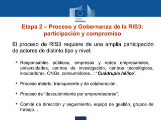 Etapa 2 – Proceso y Gobernanza de la RIS3:
           participación y compromiso
El proceso de RIS3 requiere de una amplia participación
de actores de distinto tipo y nivel:

  Responsables públicos, empresas y redes empresariales,
   universidades, centros de investigación, centros tecnológicos,
   incubadoras, ONGs, consumidores...: “Cuádruple hélice”.

  Proceso abierto, transparente y de colaboración.

  Proceso de “descubrimiento por emprendedores”.

  Comité de dirección y seguimiento, equipo de gestión, grupos de
   trabajo…
 