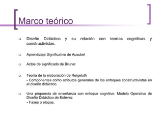 Marco teórico 
 Diseño Didáctico y su relación con teorías cognitivas y 
constructivistas. 
 Aprendizaje Significativo de Ausubel 
 Actos de significado de Bruner 
 Teoría de la elaboración de Reigeluth 
- Componentes como atributos generales de los enfoques constructivistas en 
el diseño didáctico. 
 Una propuesta de enseñanza con enfoque cognitivo: Modelo Operativo de 
Diseño Didáctico de Estévez 
- Fases o etapas. 
 