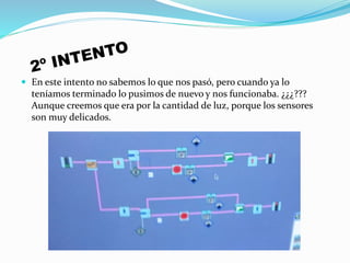  En este intento no sabemos lo que nos pasó, pero cuando ya lo
teníamos terminado lo pusimos de nuevo y nos funcionaba. ¿¿¿???
Aunque creemos que era por la cantidad de luz, porque los sensores
son muy delicados.
 