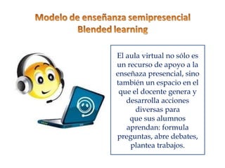 El aula virtual no sólo es
un recurso de apoyo a la
enseñaza presencial, sino
también un espacio en el
 que el docente genera y
   desarrolla acciones
      diversas para
    que sus alumnos
   aprendan: formula
preguntas, abre debates,
    plantea trabajos.
 