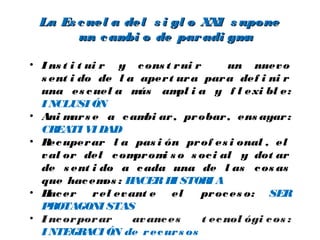 La Es c uel a del s i gl o XXI s upone
        un c am o de par adi gm
                bi                  a

• I ns t i t ui r y c ons t r ui r       un nuev o
  s ent i do de l a aper t ur a par a def i ni r
  una es c uel a m      ás am i a y f l exi bl e:
                                pl
  I NCLUSI ÓN
• Ani m s e a c am ar , pr obar , ens ayar :
         ar              bi
  CREATI VI DAD
• Rec uper ar l a pas i ón pr of es i onal , el
  v al or del c om om s o s oc i al y dot ar
                       pr   i
  de s ent i do a c ada una de l as c os as
  que hac em : H os    ACER H STORI A
                               I
• H er
    ac        r el ev ant e el     pr oc es o: SER
  PROTAGONI STAS
• I nc or por ar       av anc es   t ec nol ógi c os :
  I NTEGRACI ÓN de r ec ur s os
 