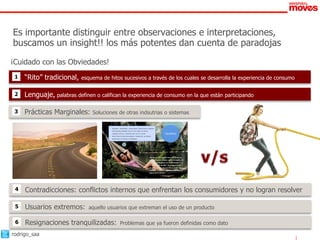 Es importante distinguir entre observaciones e interpretaciones,
buscamos un insight!! los más potentes dan cuenta de paradojas
¡Cuidado con las Obviedades!
 1   “Rito” tradicional,    esquema de hitos sucesivos a través de los cuales se desarrolla la experiencia de consumo


 2   Lenguaje, palabras definen o califican la experiencia de consumo en la que están participando

 3   Prácticas Marginales:      Soluciones de otras indsutrias o sistemas

                                       •   Equilibrio: Estabilidad, reciprocidad. Referencias a estados
                                           emocionales estables como lo son estar en calma,
                                           relajado, sereno, o sentirse bien con el mundo.                          Equilibrio
                                       •   Ahorrar les brinda tranquilidad y relajación, se sienten
                                           seguros de sí mismos y protegidos.




                                                                                                “Así me siento cuando ahorro y tienes un
                                                                                                guardadito, sin deudas, estás tranquilo, en
                                                                                                paz; es un momento de relajamiento en el
                                                                                                que te olvidas de todo, no tengo presión
                                                                                                de nada, me voy por un rato y luego sigo
                                                                                                adelante. Te sientes respaldado, protegido,
                                                                                                seguro de ti mismo.”


                                                                                           52




 4   Contradicciones: conflictos internos que enfrentan los consumidores y no logran resolver

 5   Usuarios extremos:        aquello usuarios que extreman el uso de un producto

 6   Resignaciones tranquilizadas:                    Problemas que ya fueron definidas como dato

rodrigo_saa
 