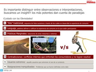 Es importante distinguir entre observaciones e interpretaciones,
buscamos un insight!! los más potentes dan cuenta de paradojas
¡Cuidado con las Obviedades!
 1   “Rito” tradicional,    esquema de hitos sucesivos a través de los cuales se desarrolla la experiencia de consumo


 2   Lenguaje, palabras definen o califican la experiencia de consumo en la que están participando

 3   Prácticas Marginales:      Soluciones de otras indsutrias o sistemas

                                       •   Equilibrio: Estabilidad, reciprocidad. Referencias a estados
                                           emocionales estables como lo son estar en calma,
                                           relajado, sereno, o sentirse bien con el mundo.                          Equilibrio
                                       •   Ahorrar les brinda tranquilidad y relajación, se sienten
                                           seguros de sí mismos y protegidos.




                                                                                                “Así me siento cuando ahorro y tienes un
                                                                                                guardadito, sin deudas, estás tranquilo, en
                                                                                                paz; es un momento de relajamiento en el
                                                                                                que te olvidas de todo, no tengo presión
                                                                                                de nada, me voy por un rato y luego sigo
                                                                                                adelante. Te sientes respaldado, protegido,
                                                                                                seguro de ti mismo.”


                                                                                           52




 4   Contradicciones: conflictos internos que enfrentan los consumidores y no logran resolver

 5   Usuarios extremos:        aquello usuarios que extreman el uso de un producto

 6   Resignaciones tranquilizadas:                    Problemas que ya fueron definidas como dato

rodrigo_saa
 