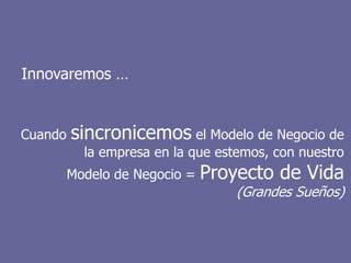 Innovaremos …


Cuando   sincronicemos el Modelo de Negocio de
           la empresa en la que estemos, con nuestro
         Modelo de Negocio =   Proyecto de Vida
                                   (Grandes Sueños)



                                                 39
 