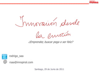 ¿Emprender, buscar pega o ser feliz?



    rodrigo_saa

@   rsaa@innspiral.com

                         Santiago, 29 de Junio de 2011
 