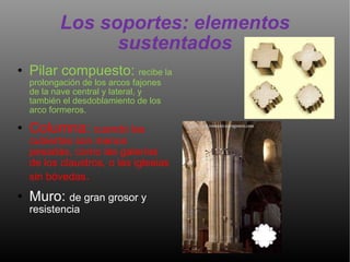 Los soportes: elementos sustentados Pilar compuesto:  recibe la prolongación de los arcos fajones de la nave central y lateral, y también el desdoblamiento de los arco formeros.  Columna:  cuando las cubiertas son menos pesadas, como las galerías de los claustros, o las iglesias sin bóvedas .  Muro:  de gran grosor y resistencia 