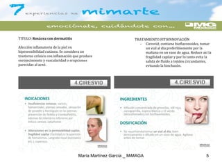 TITULO: Rosácea con dermatitis
Afección inflamatoria de la piel en
hipesensibilidad cutánea. Se considera un
trastorno crónico con inflamación que produce
enrojecimiento y vascularidad o erupciones
parecidas al acné.
TRATAMIENTO FITOINNOVACIÓN
- Ciresvid; contiene bioflavonoides, tomar
un vial al día preferiblemente por la
mañana en un vaso de agua. Reduce así la
fragilidad capilar y por lo tanto evita la
salida de fluido a tejidos circundantes,
evitando la hinchazón.
María Martínez García _ MiMAGA 5
 