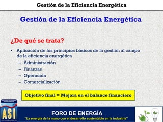 Gestión de la Eficiencia Energética
¿De qué se trata?
• Aplicación de los principios básicos de la gestión al campo
de la eficiencia energética
– Administración
– Finanzas
– Operación
– Comercialización
Objetivo final = Mejora en el balance financiero
FORO DE ENERGÍA
“La energía de la mano con el desarrollo sustentable en la industria”
Gestión de la Eficiencia Energética
 