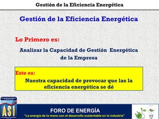 Gestión de la Eficiencia Energética
Lo Primero es:
Analizar la Capacidad de Gestión Energética
de la Empresa
Esto es:
Nuestra capacidad de provocar que las la
eficiencia energética se dé
FORO DE ENERGÍA
“La energía de la mano con el desarrollo sustentable en la industria”
Gestión de la Eficiencia Energética
 