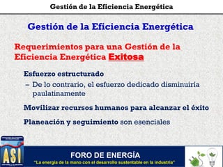 Gestión de la Eficiencia Energética
Requerimientos para una Gestión de la
Eficiencia Energética Exitosa
Esfuerzo estructurado
– De lo contrario, el esfuerzo dedicado disminuiría
paulatinamente
Movilizar recursos humanos para alcanzar el éxito
Planeación y seguimiento son esenciales
FORO DE ENERGÍA
“La energía de la mano con el desarrollo sustentable en la industria”
Gestión de la Eficiencia Energética
 