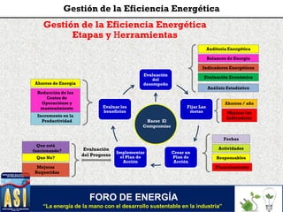 FORO DE ENERGÍA
“La energía de la mano con el desarrollo sustentable en la industria”
Evaluación
del
desempeño
Fijar Las
metas
Crear un
Plan de
Acción
Implementar
el Plan de
Acción
Evaluar los
beneficios
Gestión de la Eficiencia Energética
Etapas y Herramientas
Hacer El
Compromiso
Ahorros de Energía
Environmental
impact reduction
Incremento en la
Productividad
Ahorros / año
Mejorar los
Indicadores
Fechas
Actividades
Responsables
Financiamiento
Reducción de los
Costos de
Operaciónm y
mantenimiento
Evaluación
del Progreso
Que está
funcionando?
Mejoras
Requeridas
Que No?
Auditoría Energética
Indicadores Energéticos
Evaluación Económica
Balances de Energía
Análisis Estadístico
Gestión de la Eficiencia Energética
 