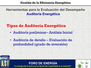 Herramientas para la Evaluación del Desempeño
Auditoría Energética
Tipos de Auditoría Energética
• Auditoría preliminar– Análisis Inicial
• Auditoría de detalle – Evaluación de
profundidad (grado de inversión)
FORO DE ENERGÍA
“La energía de la mano con el desarrollo sustentable en la industria”
Gestión de la Eficiencia Energética
 